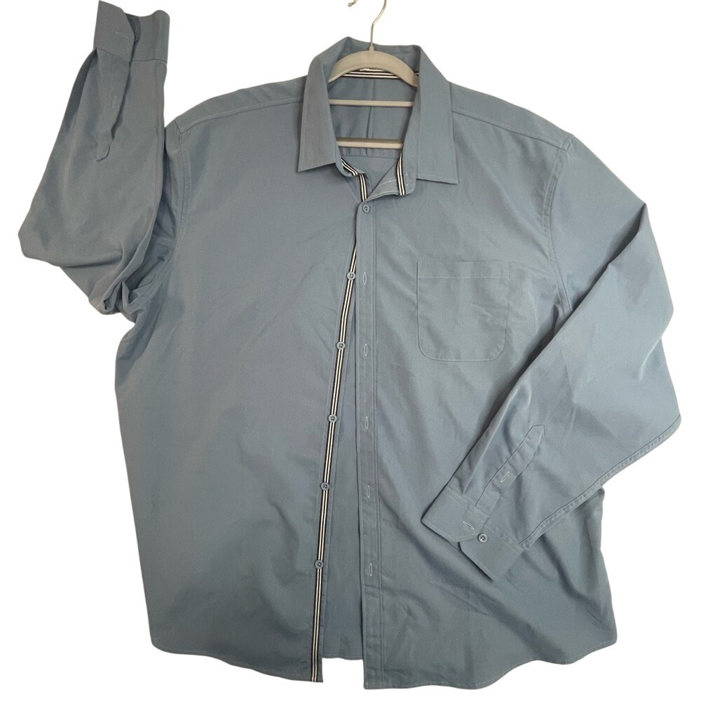 Coofandy Mens‎ Slate Blue Long Sleeve Button Down Shirt XXL Striped Trim Accent
